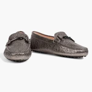 TOD'S Double T metallic cracked-leather loafers with dust bag size 9 (39)